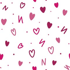 Seamless pattern of bright pink hearts, dots and strokes on a white background. Valentine's day pattern. Vector romantic background from doodle elements for greeting cards, textiles, prints.