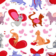 Cartoon Background for banner, greeting card for Valentine's Day. Bright background with cats and hearts on a white background. Vector illustration