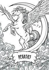 Pegasus greek mythological creature among clouds and moon crescent. Legendary beast concept drawing for coloring book. EPS10 vector illustration.