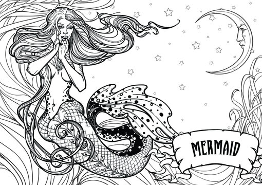 Beautiful mermaid girl sitting hand drawn artwork. Sensual and dangerous ocean siren in retro style. Sea, fantasy, spirituality, mythology, tattoo art, coloring books. Isolated vector illustration.