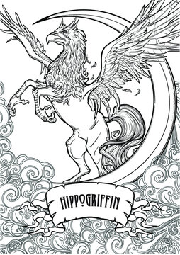 Hippogriff greek mythological creature. Legendary beast concept drawing. Heraldry figure. Vintage tattoo design. Sketch isolated on white background. EPS10 vector illustration.