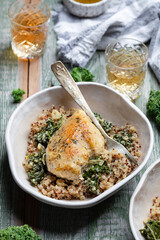 chicken, quinoa and cale with wine sauce