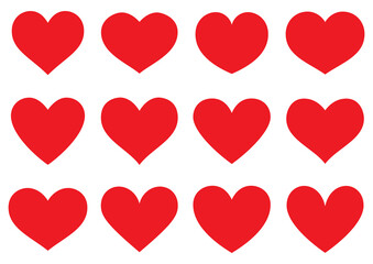 Set of red hearts. Shape variations.