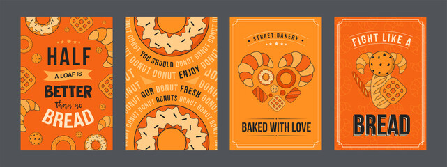 Baking posters set. Donuts, croissants, cookies vector illustrations with text on orange background. Bakery, food or pastry concept for flyers and brochures design