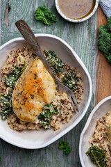 chicken, quinoa and cale with wine sauce