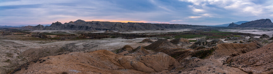 Beautiful canyons in a mountainous area, wide angle panorama