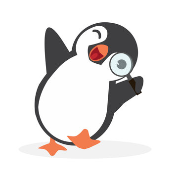 Happy penguin with magnifying glass