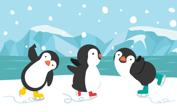 happy Penguin ice skates cartoon background