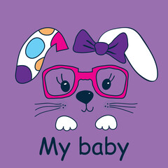 Cute bunny face with glasses vector illustration. Adorable Easter bunny. 