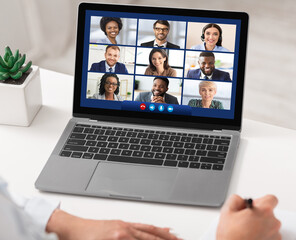 Fototapeta na wymiar Laptop Screen With Video Call, Businesswoman Having Virtual Meeting, Closeup