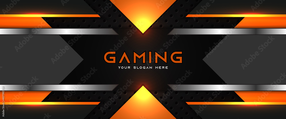 Poster futuristic orange and black abstract gaming banner design template with metal technology concept. ve