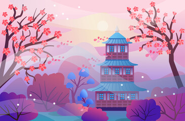 Spring Japanese landscape in cartoon style. Beautiful landscape with blooming sakura trees, mountains, pagoda. Vector illustration in a flat style for design, banners, book. Asian temple and mountains