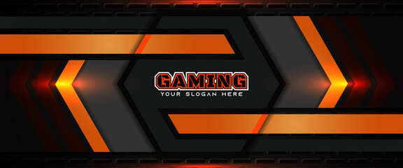 Futuristic orange and black abstract gaming banner design template with metal technology concept. Vector graphic for business corporate promotion, game header social media, live streaming background