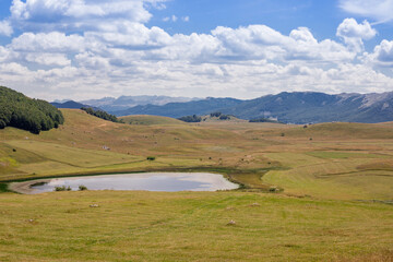 Obraz premium The amazing mountain lake in field. beautiful landscafe of valley.