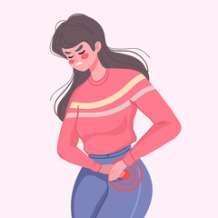 Unwell Woman suffering from stomachache, headache, chest pain. Girl having period, premenstrual syndrome, PMS. Painful face expression. Set of ill people. Flat vector illustration.