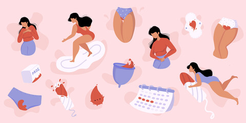 Menstruation hygiene tools, cup, pads, tampon, calendar, panty. Womens thighs with blood. Female period protection. Girl in underwear bleeding. Period problems. Website and article design, print, - obrazy, fototapety, plakaty