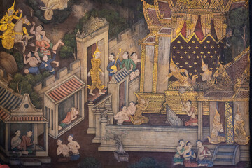 Ancient famous Thai mural wall paintings attached at building along inner wall around chapel...