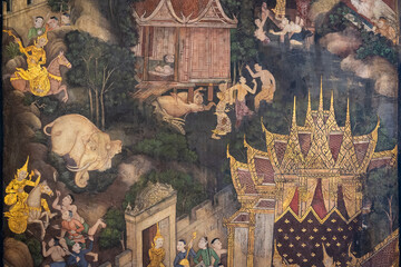 Ancient famous Thai mural wall paintings attached at building along inner wall around chapel portrays story of Buddhist history at Wat Pho temple, Bangkok, Thailand.