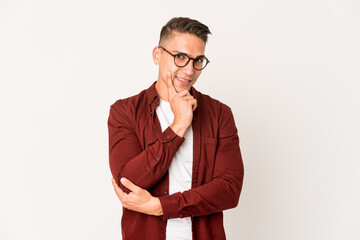 Young caucasian handsome man isolated smiling happy and confident, touching chin with hand.