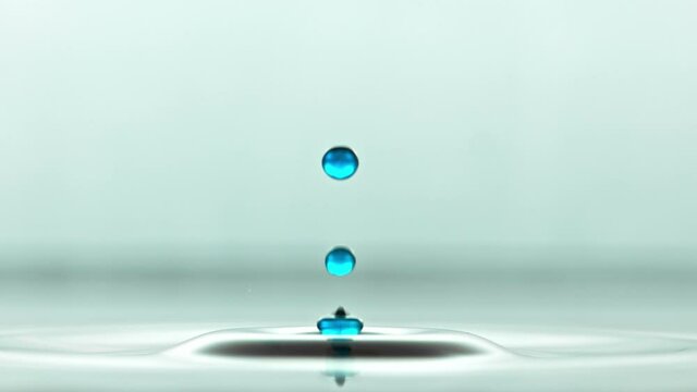 Close up of a blue Water Droplet Falling In Teal Water In Super Slow Motion