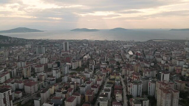 Drone shot of the islands view and city at sunset in istanbul
