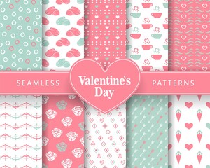 Ten seamless love patterns. Romantic backgrounds for Valentines or wedding day. Endless texture for wallpaper, web page, wrapping paper. Scrapbooking, print, gift wrap