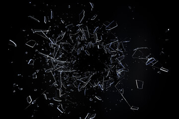Broken glass. Exploding glass with sharp pieces 