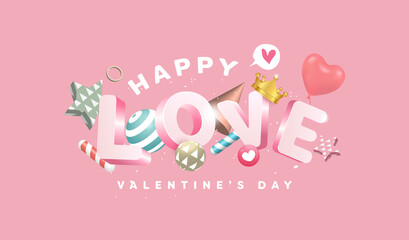 14 February Happy Valentine's day banner with 3D text design, ball, star, heart balloons elements. Lovely Objects on Pink background.