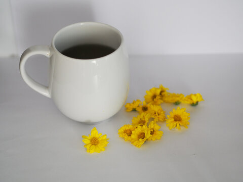 chrysanthemum Juice, Drink water Chrysanthemum indicum Scientific name Dendranthema morifolium, Flavonoids, in white teacup  Closeup pollen of yellow flower