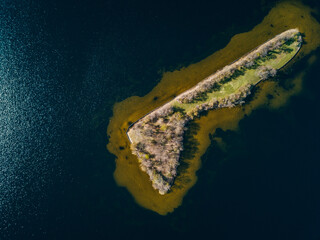 Aerial drone shot of the top-down view of the island at Vinkeveen Plassen in the Netherlands
