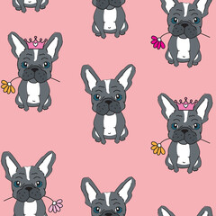 Cute french bulldog with flower seamless pattern.  Princess dog seamless pattern. Can be used for textile,  background, book cover, packaging
