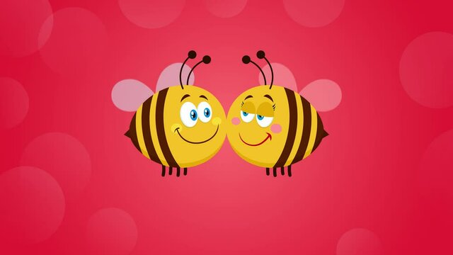 Bee Cartoon Characters Couple In Love With Text. 4K Animation Video Motion Graphics With Red Background