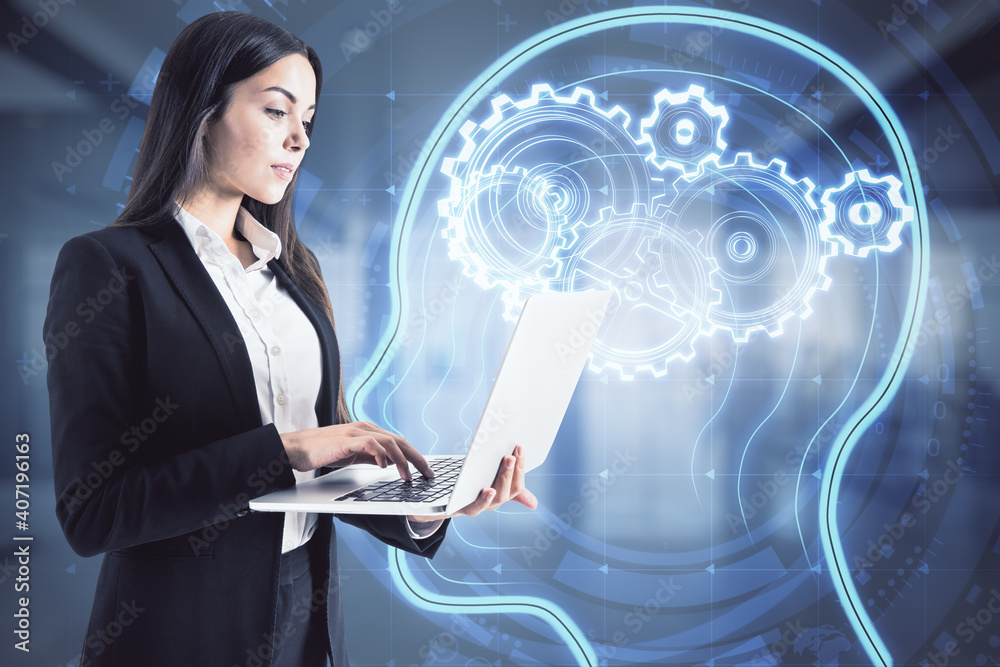 Poster woman working with laptop on a virtual gears and human head sketch, artificial intelligence and mach