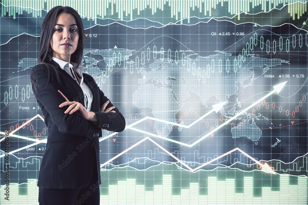 Sticker businesswoman standing on a financial chart with up arrows and world map background, double exposure