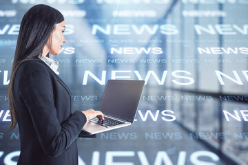 Businesswoman with laptop on the background of inscriptions News, double exposure, journalism concept