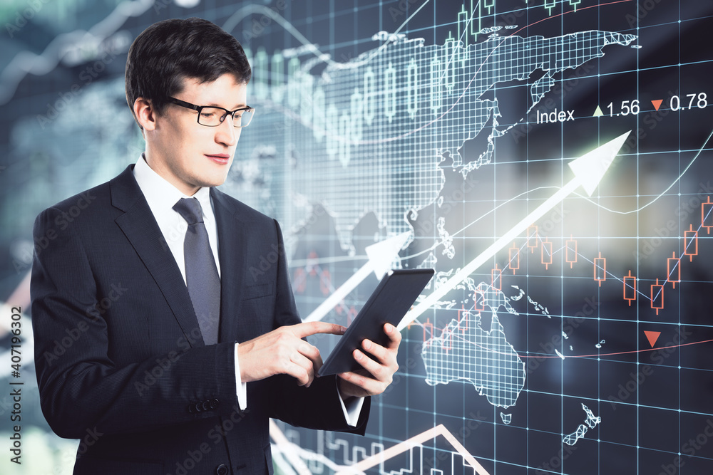 Aufkleber Businessman working with digital tablet on a financial chart with up arrows and world map background, double exposure, global business concept