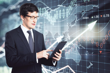 Businessman working with digital tablet on a financial chart with up arrows and world map background, double exposure, global business concept