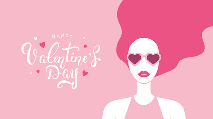 Happy Valentine's day banner design with calligraphic words. Attractive young woman portrait with pink hair and sunglasses on pink background. - Vector