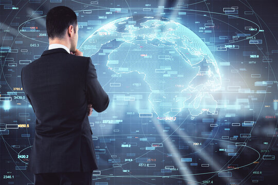 Businessman thinking on big data illustration background, brainstorming and analysis concept