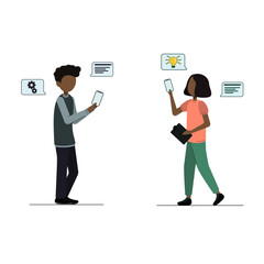 African American woman and man mobile developers on white background. People using mobile phone. Vector flat illustration.