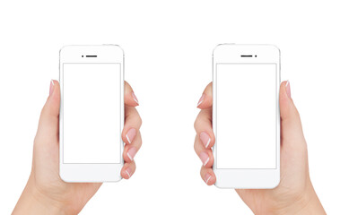 phone with white screen for text in hand on white background 