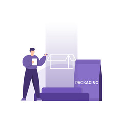 a concept packaging designer or product designer. illustration of a man trying to make a box packaging design for his product. flat style. vector elements