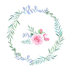 Hand drawn watercolor floral wreath with leaves. Round frame with peony and roses flowers,