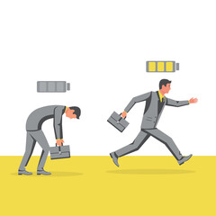 A weak person and a businessman full of energy. Running and sleeping man. Energy and tired. Vector illustration flat design. Isolated on white background.