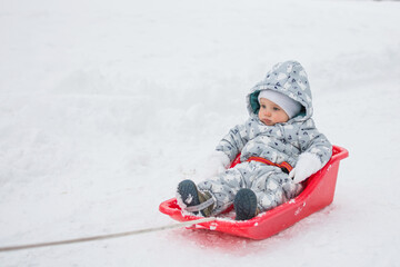 Fototapeta na wymiar Little child sitting on plastic sled and playing with snow. Kid and winter activity concept.
