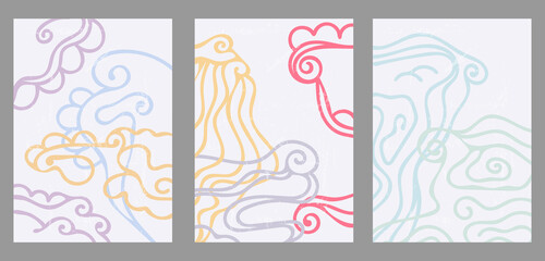 A set of three colorful aesthetic backgrounds. Minimalistic posters for social networks, web design. Vintage geometric illustrations with different lines, doodles, curls, waves.