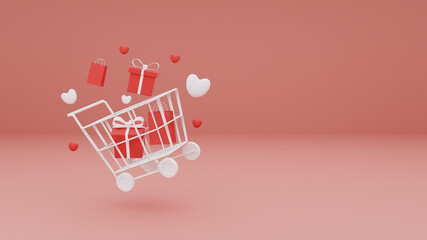 Concept Happy Valentine's Day of heart and gift box in shopping cart on pink pastel background. 3d rendering