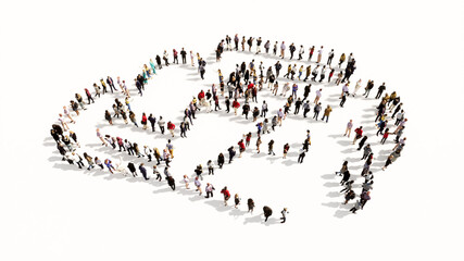 Concept or conceptual large community of people forming the image of a racing car on white background. A 3d illustration metaphor for motorsport, competition, race, speed and power