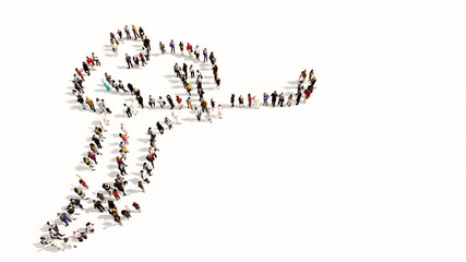Concept or conceptual large community of people forming the image of a hockey player on white background. A 3d illustration metaphor for sport, competition, training, speed, power and strength