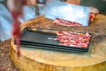 The thin sliced beef to make hotpot in Chaozhou, Guangdong province, China.